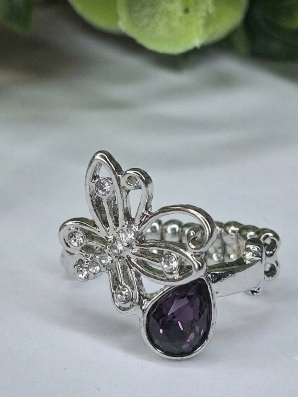 Silver Butterfly Ring with Purple Teardrop Stone